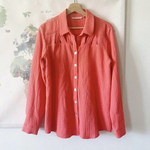 Soft Surroundings Size Medium Shirt Button Front Peekaboo Cut Out Coral Crinkle